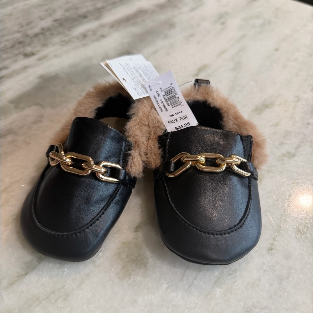 Black Faux Fur Baby Loafers with Gold Chain